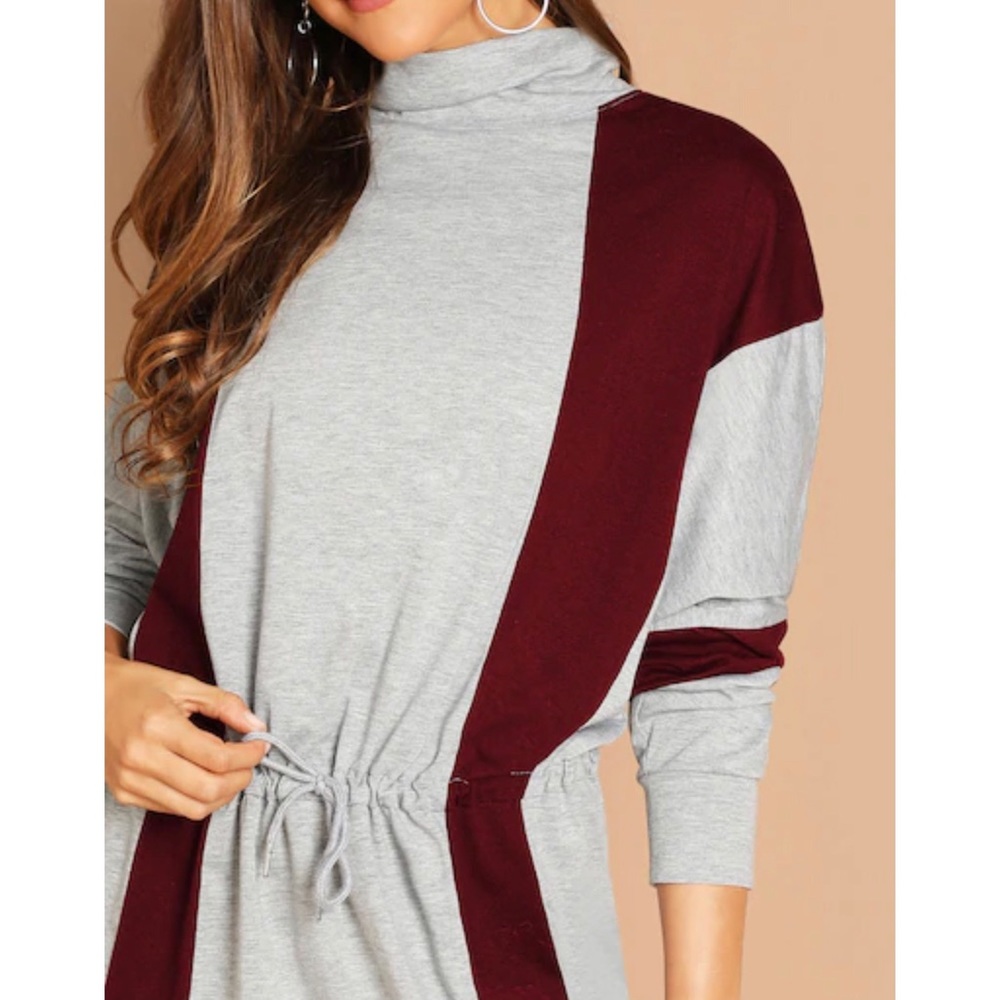 Two Tone Dolman Sleeve Drawstring Waist Dress - Picture 3 of 4